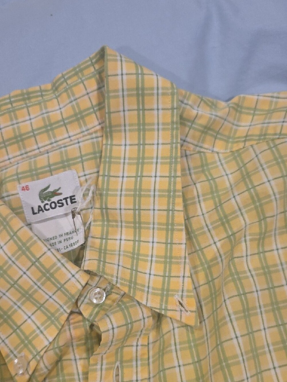 Lacoste Yellow and Green Plaid Short-Sleeve Button-Down Shirt. Size 46 Is An XL - Picture 5 of 5